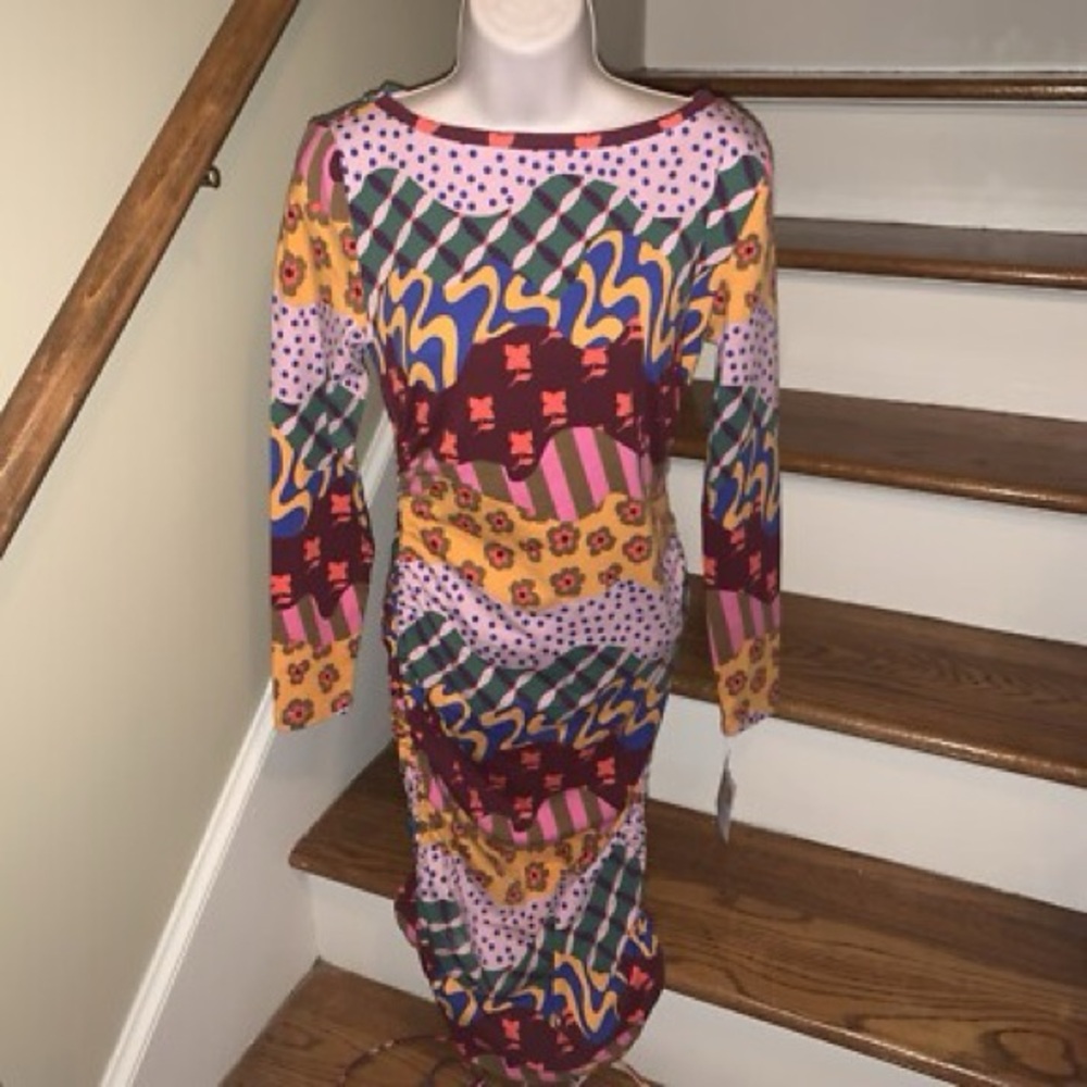 NWT XL Dress Bodycon Long Sleeve Ruched Multicolor